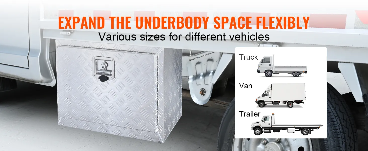 VEVOR underbody truck box for flexible storage under various vehicles including trucks, vans, and trailers.