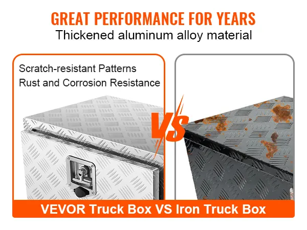 VEVOR underbody truck box vs iron truck box showing scratch-resistant and rust-resistant features.