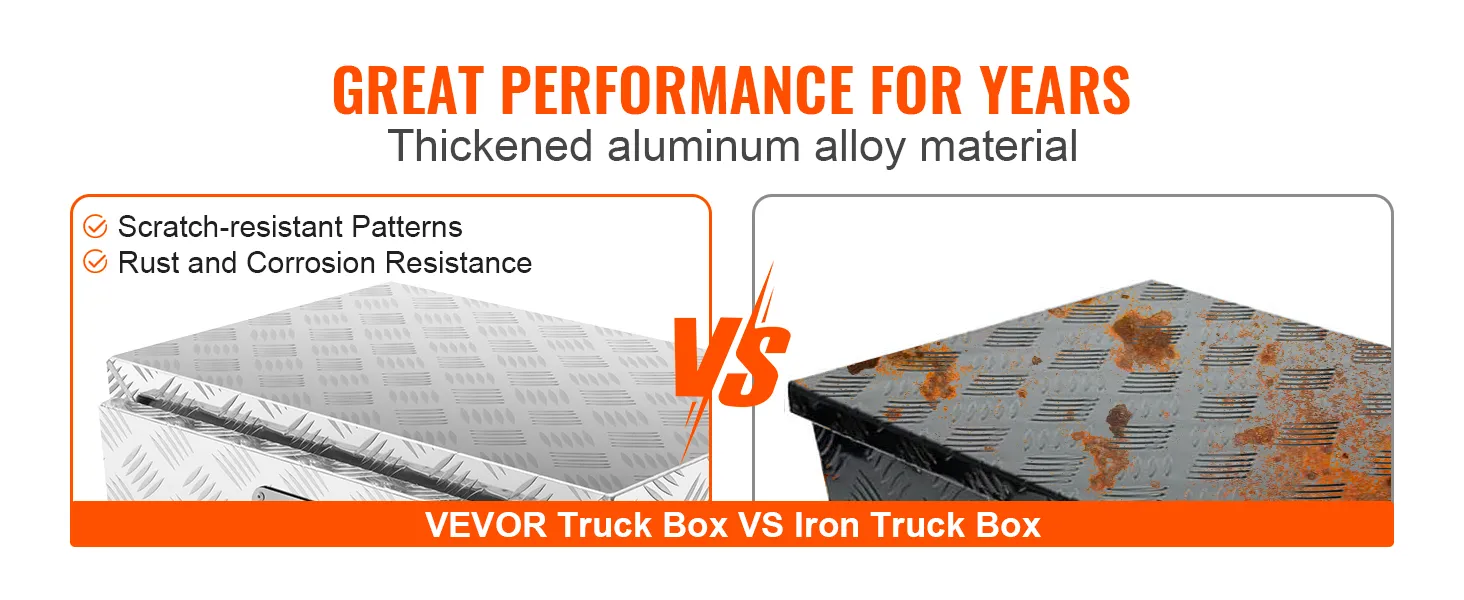 VEVOR underbody truck box vs iron truck box showing scratch-resistant and rust-resistant features.