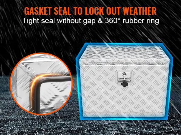 gasket-sealed VEVOR underbody truck box with 360° rubber ring for complete weather protection.