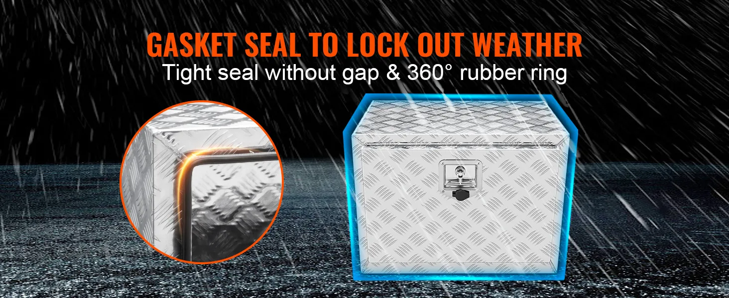 gasket-sealed VEVOR underbody truck box with 360° rubber ring for complete weather protection.