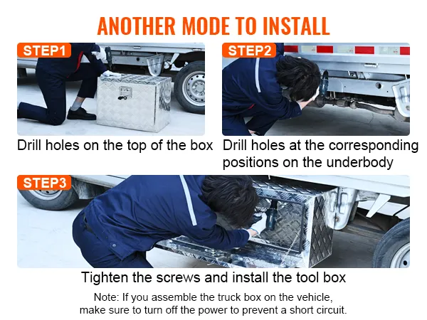 steps to install VEVOR underbody truck box: drilling holes, aligning the box, and tightening screws.