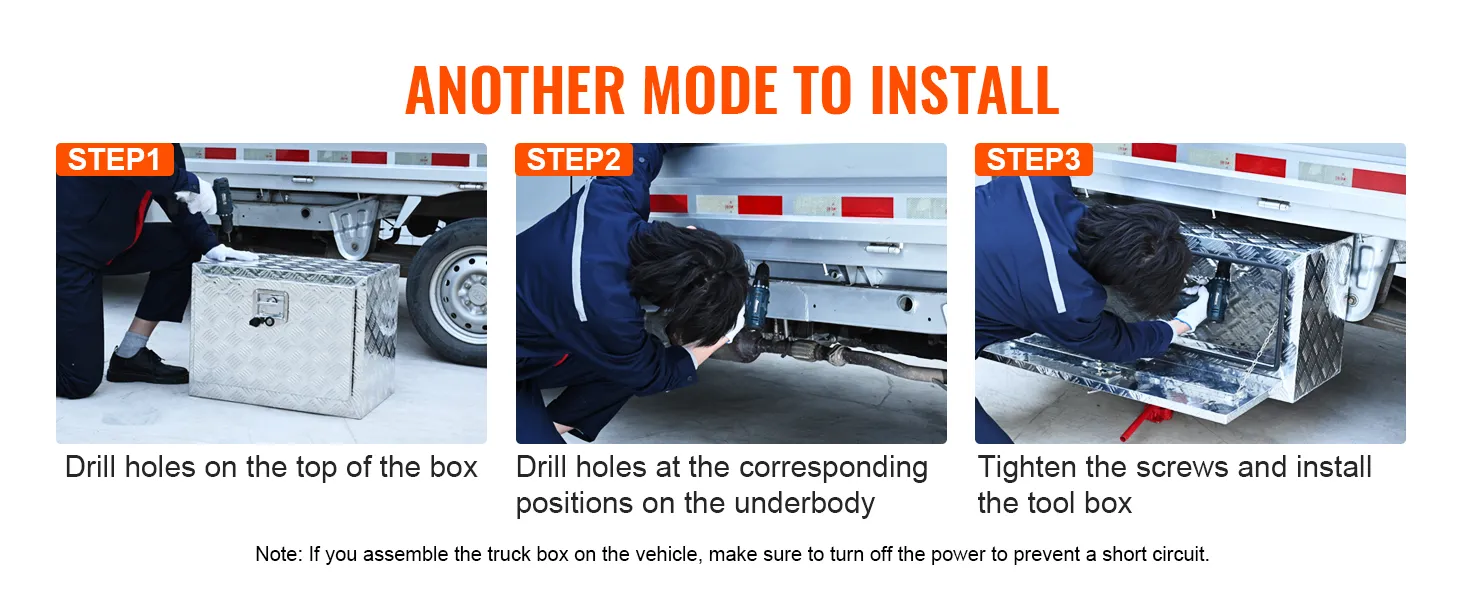 steps to install VEVOR underbody truck box: drilling holes, aligning the box, and tightening screws.