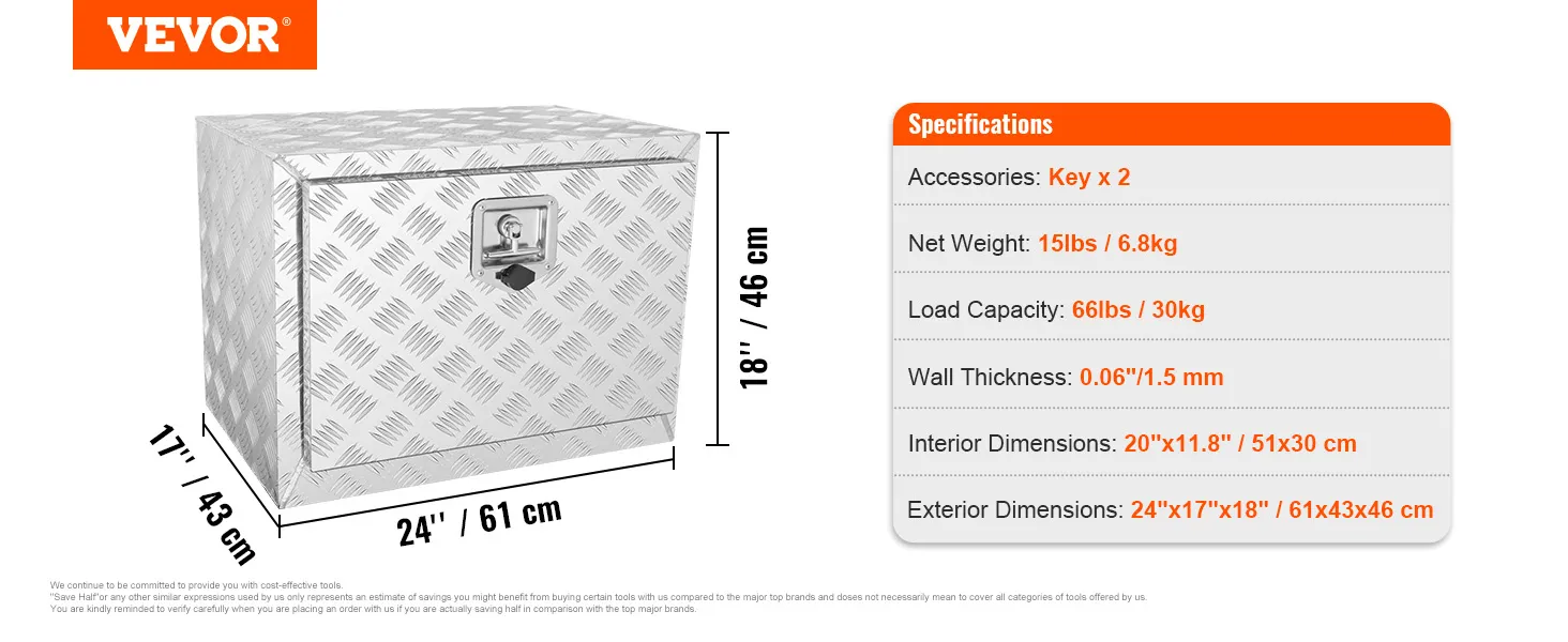 VEVOR underbody truck box with an alloy finish, measuring 24"x17"x18", load capacity 66lbs, includes two keys.