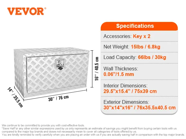 VEVOR onderbouw vrachtwagenbox, 30"x14"x16", met slot, 66lb capaciteit en 0,06" wanddikte, 15lb gewicht