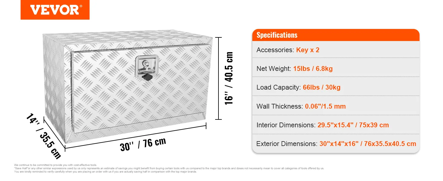 VEVOR onderbouw vrachtwagenbox, 30"x14"x16", met slot, 66lb capaciteit en 0,06" wanddikte, 15lb gewicht