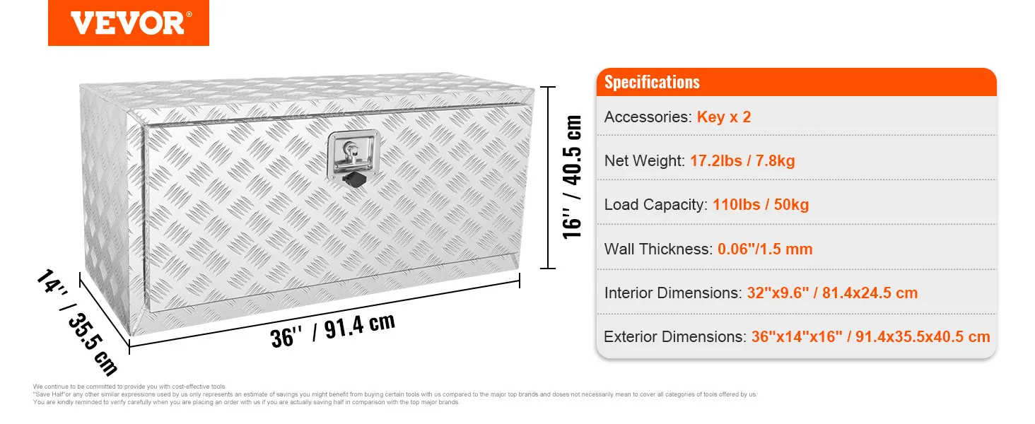 VEVOR underbody truck box with 110lbs load capacity, 17.2lbs weight, and dimensions of 36"x14"x16".