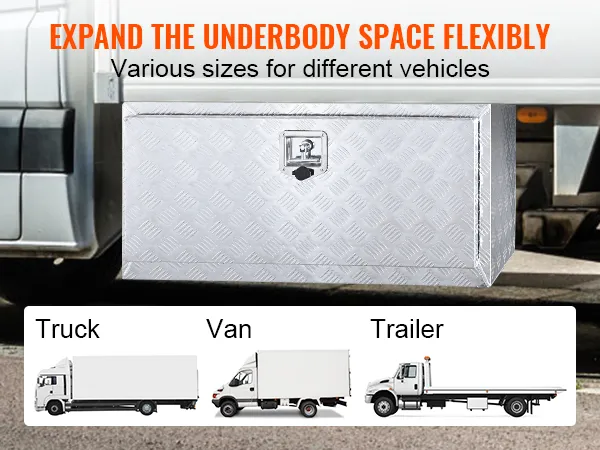 VEVOR underbody truck box mounted on a van, showcasing sizes for trucks, vans, and trailers.