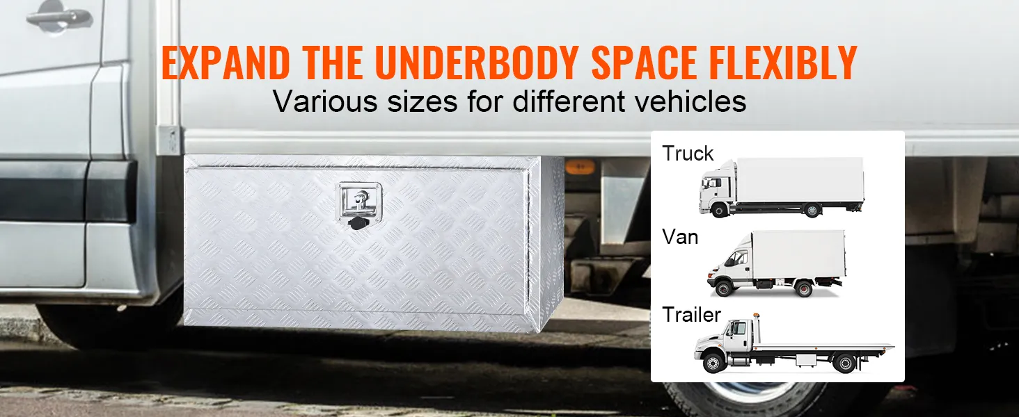 VEVOR underbody truck box mounted on a van, showcasing sizes for trucks, vans, and trailers.