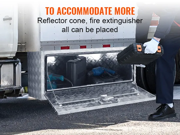VEVOR underbody truck box storing tools, reflector cone, and fire extinguisher, ensuring extra space.