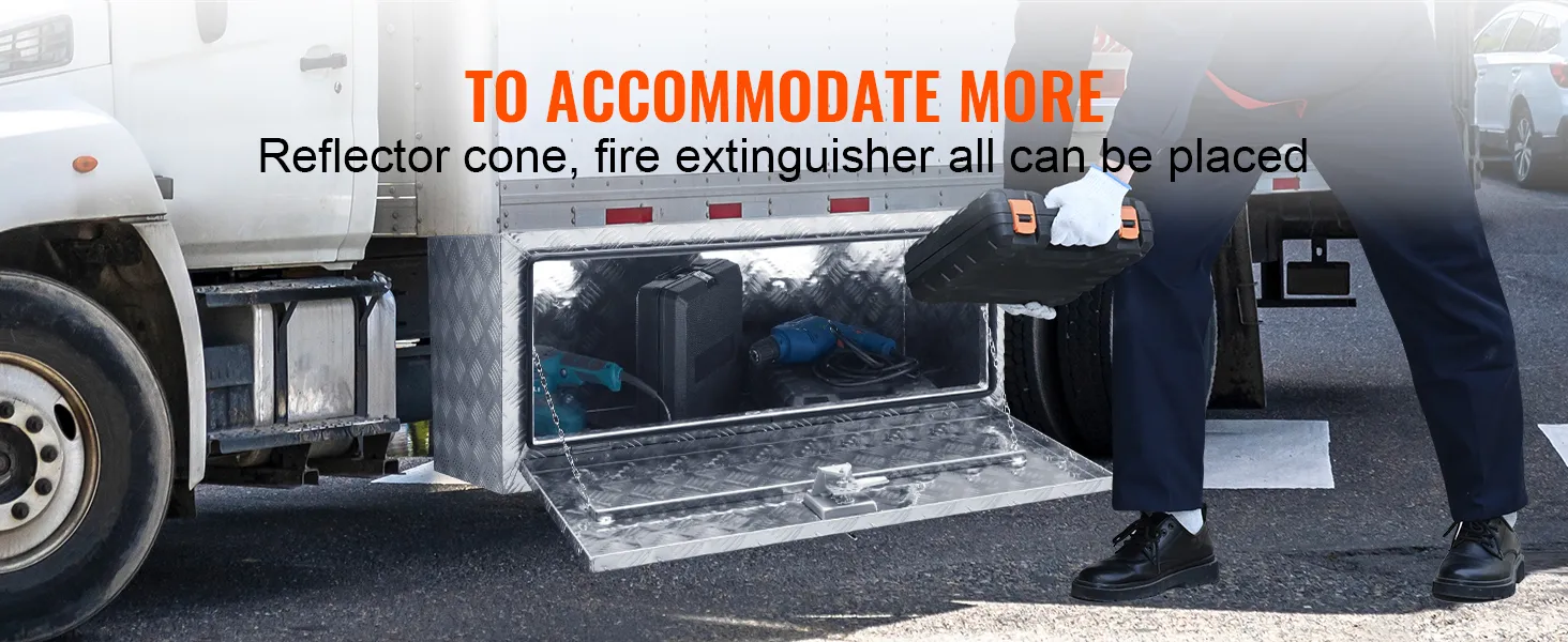 VEVOR underbody truck box storing tools, reflector cone, and fire extinguisher, ensuring extra space.