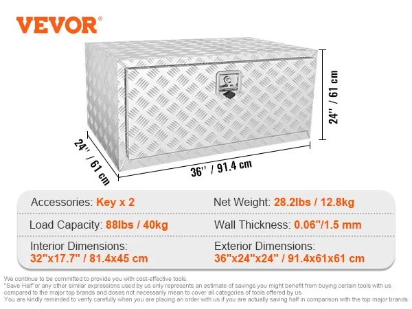 VEVOR underbody truck box with lock, 36"x24"x24", 28.2lbs, 88lbs load, 0.06" wall thickness.