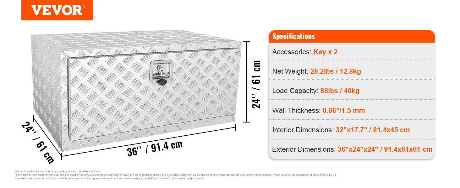 VEVOR underbody truck box with lock, 36"x24"x24", 28.2lbs, 88lbs load, 0.06" wall thickness.