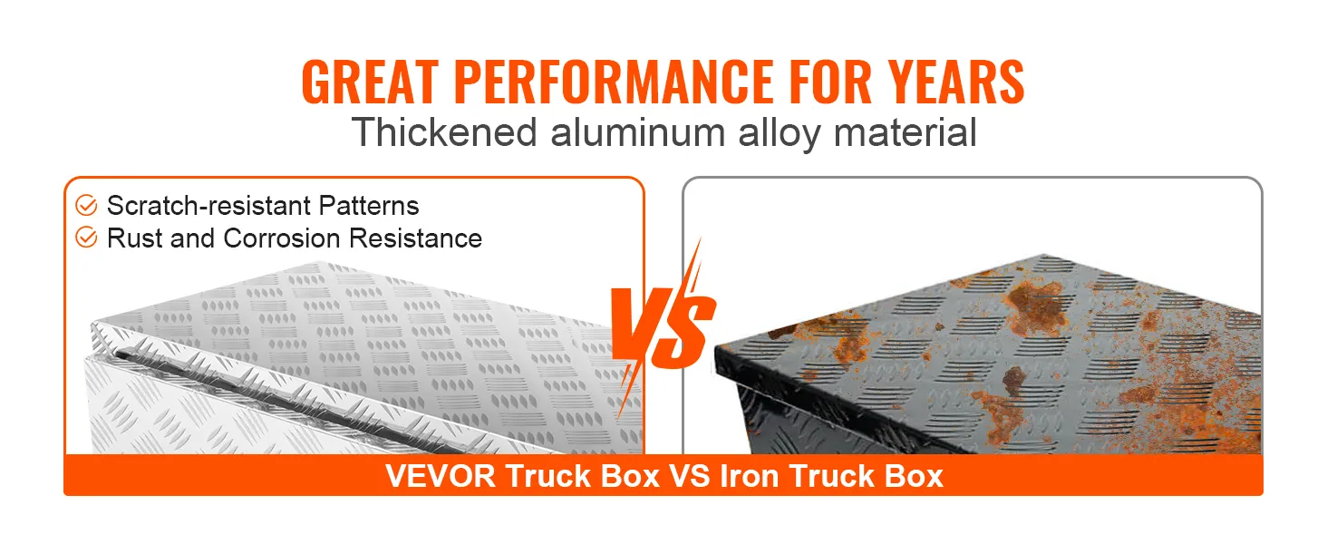 VEVOR underbody truck box comparison highlighting scratch-resistant and corrosion-resistant features.