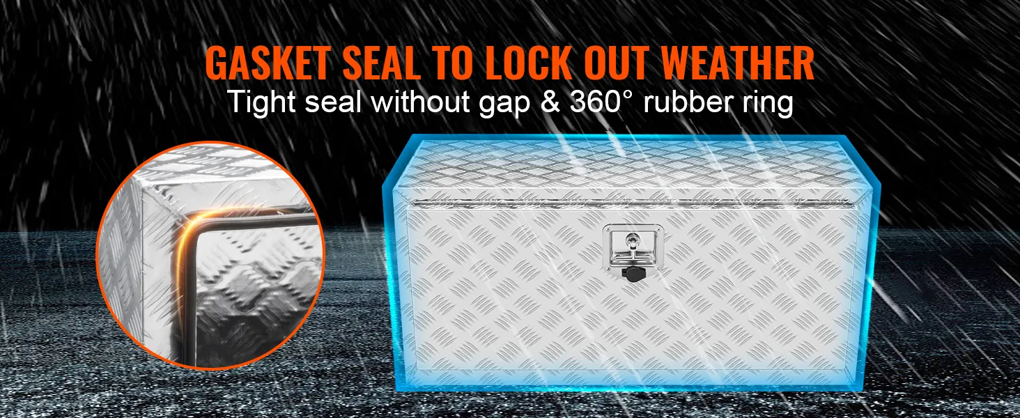 VEVOR underbody truck box with gasket seal ensuring no gaps and a 360° rubber ring to lock out weather.