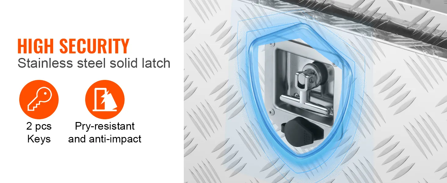 high security VEVOR underbody truck box with stainless steel latch, pry-resistant, and 2 keys included.