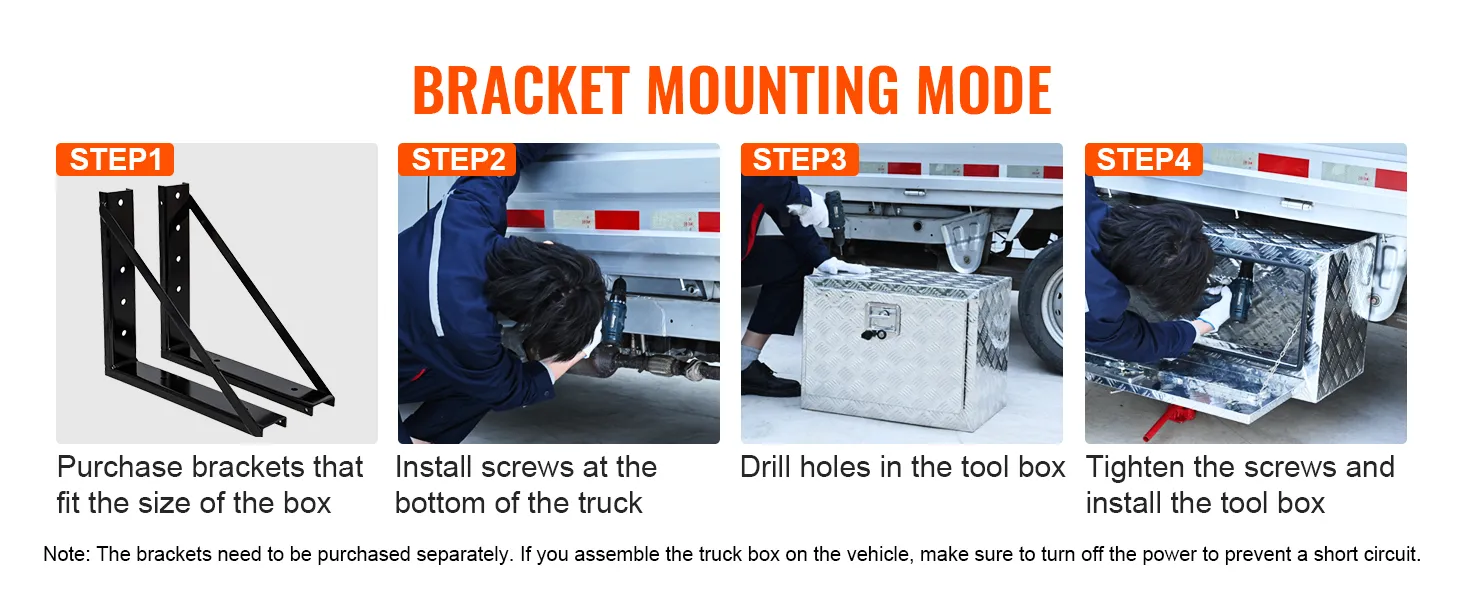 bracket mounting steps for VEVOR underbody truck box: purchase brackets, install screws, drill holes, tighten screws.