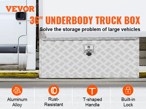 VEVOR underbody truck box with aluminum alloy, rust-resistant, t-shaped handle, and built-in lock.
