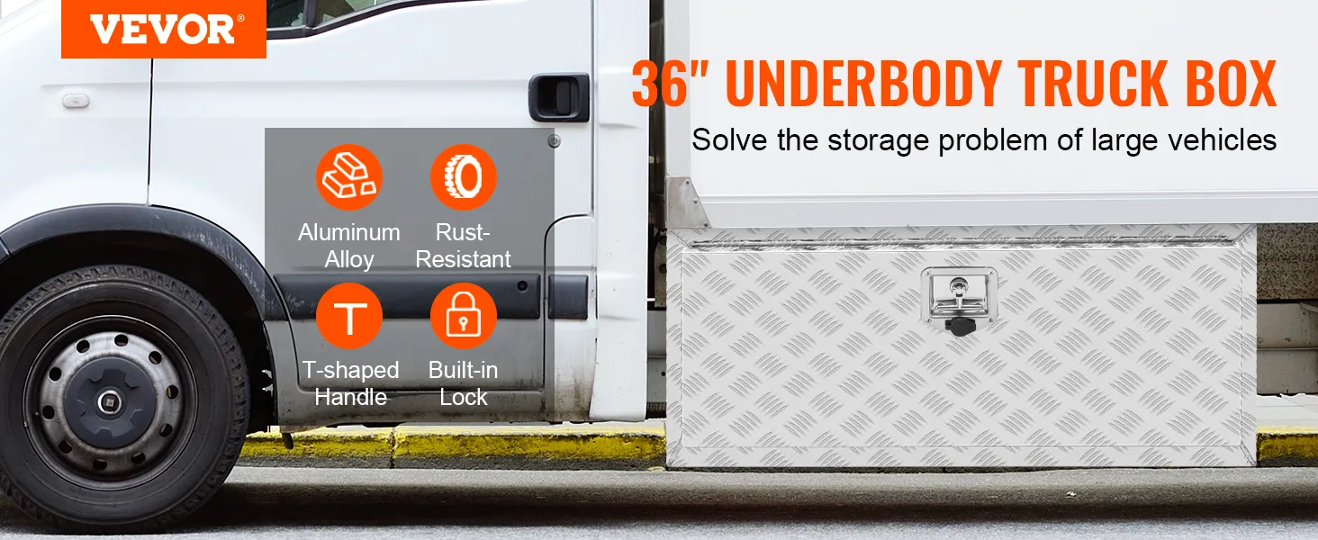 VEVOR underbody truck box with aluminum alloy, rust-resistant, t-shaped handle, and built-in lock.