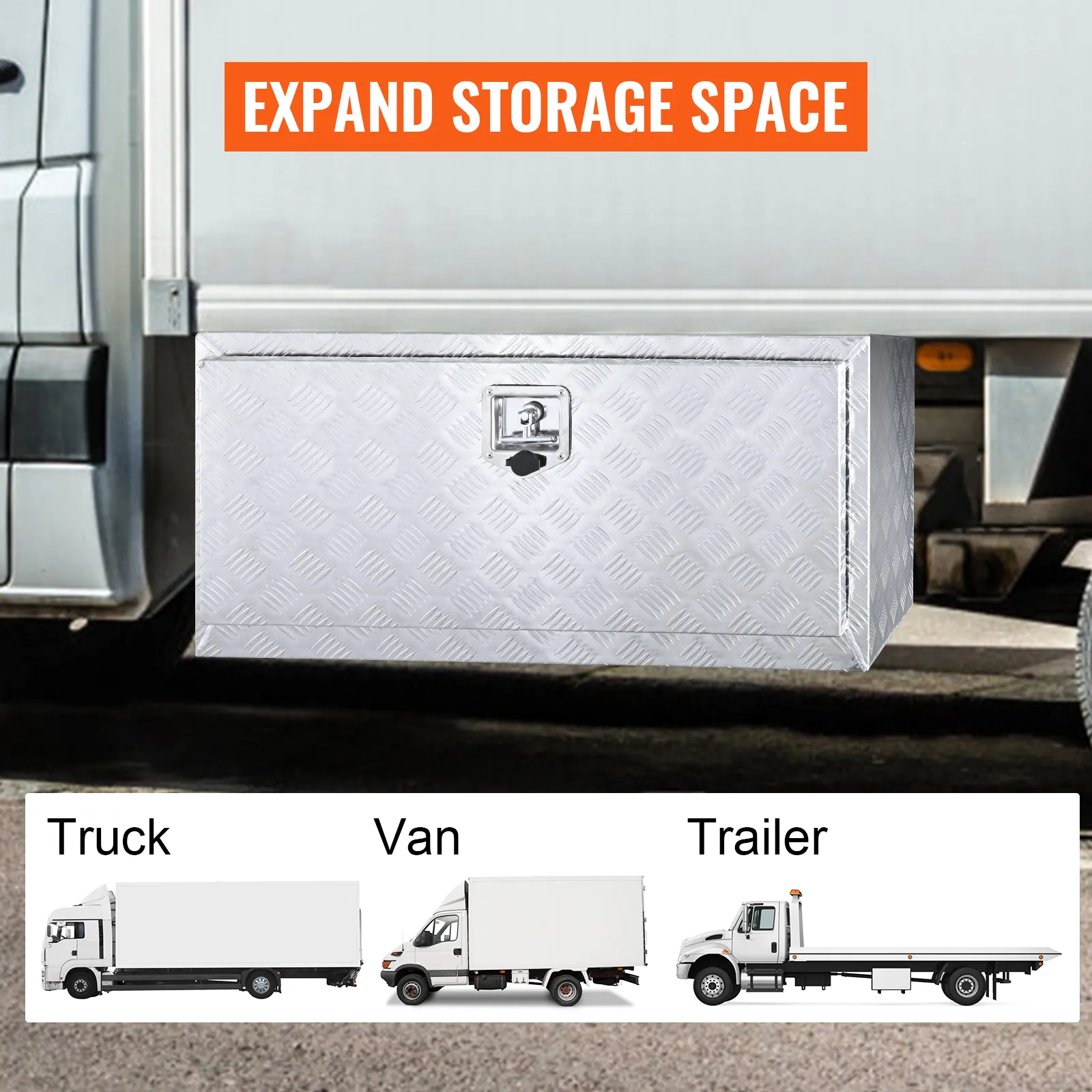 VEVOR underbody truck box for trucks, vans, and trailers with "expand storage space" text.