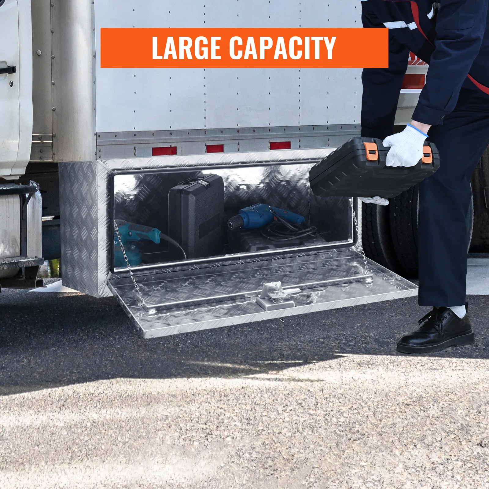 VEVOR underbody truck box with large capacity, storing tools and equipment securely under a truck.
