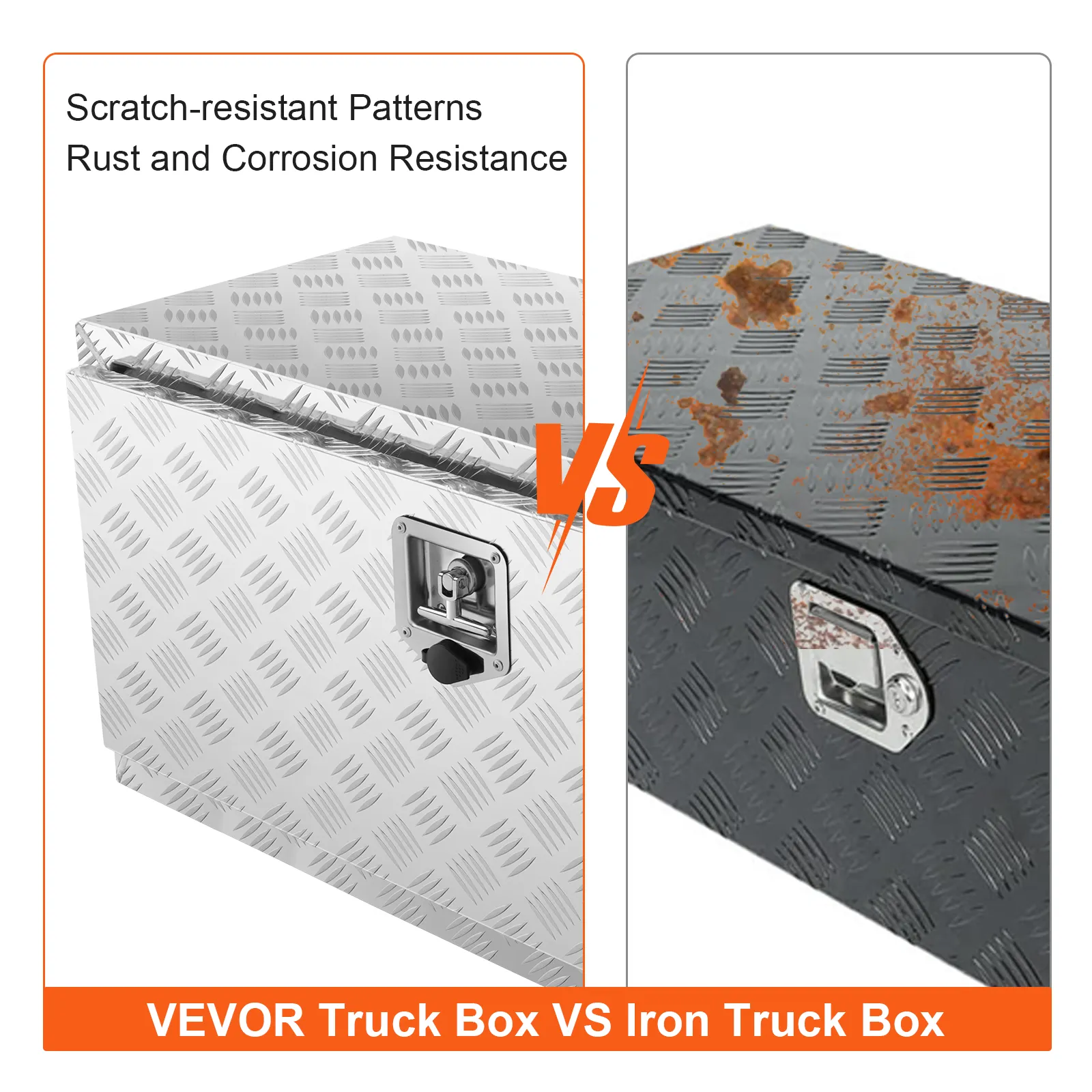 VEVOR underbody truck box vs iron truck box showing scratch-resistant, rust, and corrosion resistance.
