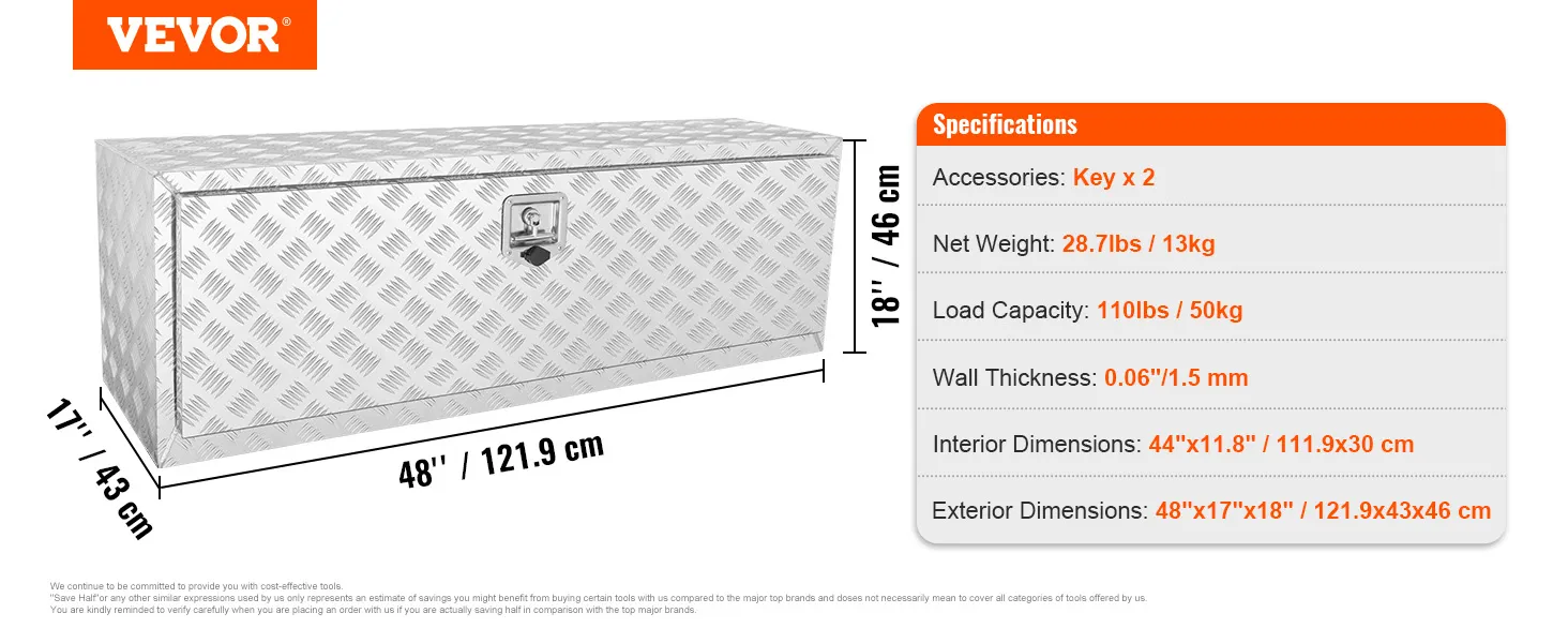 VEVOR gereedschapskist, 48"x17"x18", zilver met sleutelslot en ruitpatroon, specificatiedetails.