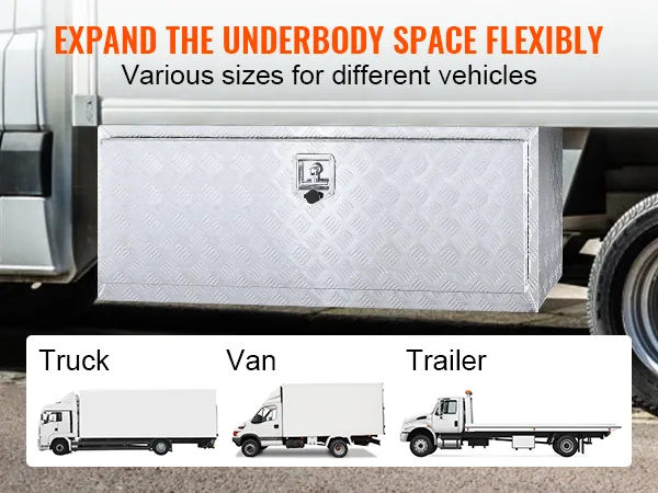 VEVOR gereedschapskist voor onder de bestelwagen met de tekst "breid de ruimte onder de wagen flexibel uit" voor vrachtwagen, bestelwagen en oplegger.