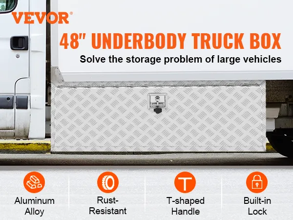 VEVOR-gereedschapskist voor op de vrachtwagen, bevestigd onder een witte vrachtwagen, met een roestbestendige T-vormige handgreep van aluminiumlegering.