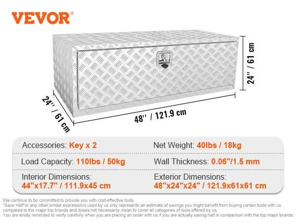 VEVOR underbody truck box with specifications: 48"x24"x24", 110 lbs load capacity, 40 lbs net weight.