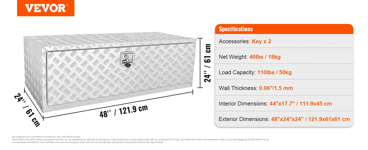 VEVOR underbody truck box with specifications: 48"x24"x24", 110 lbs load capacity, 40 lbs net weight.