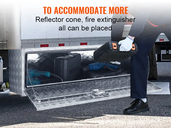VEVOR underbody truck box storing tools and emergency gear under a white truck.