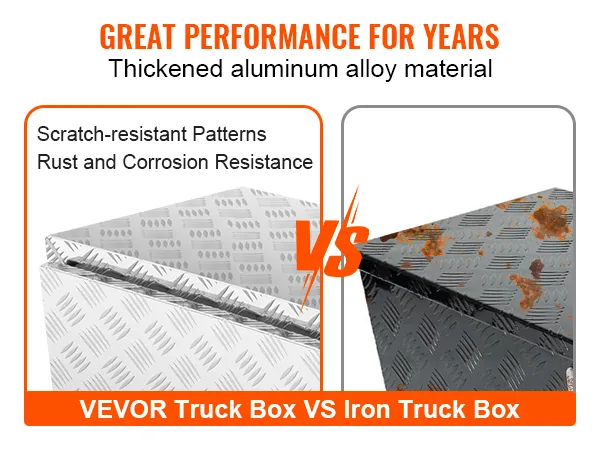 VEVOR underbody truck box vs iron box; aluminum alloy, scratch-resistant, rust and corrosion-resistant.