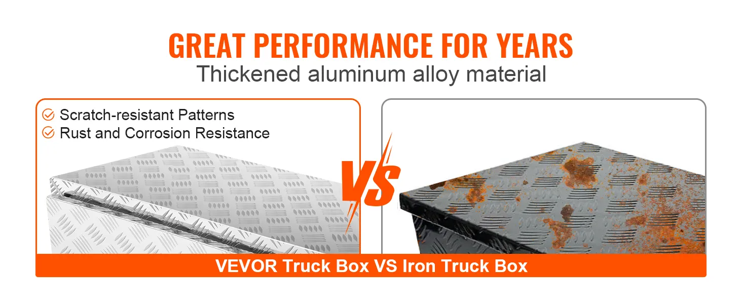 VEVOR underbody truck box vs iron box; aluminum alloy, scratch-resistant, rust and corrosion-resistant.