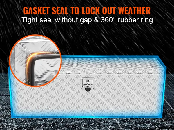 VEVOR underbody truck box with gasket seal, tight seal without gap and 360° rubber ring in heavy rain.