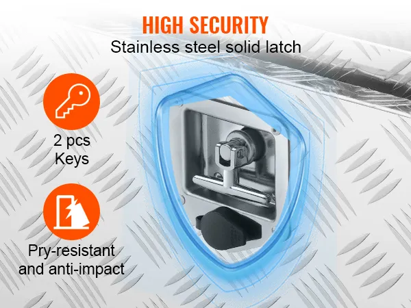 high security VEVOR underbody truck box with stainless steel solid latch, 2 keys, pry-resistant.