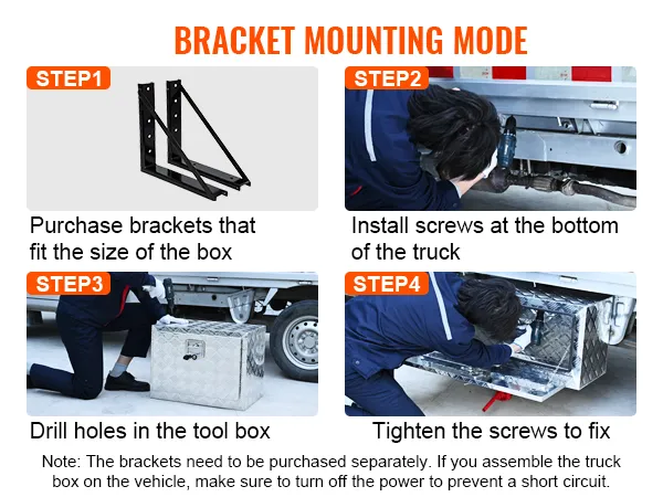 bracket mounting instructions for VEVOR underbody truck box: brackets, install screws, drill holes, tighten screws.