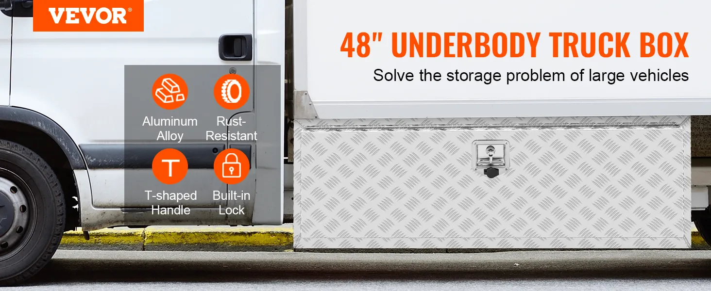 VEVOR underbody truck box, 48", aluminum alloy, rust-resistant, t-shaped handle, built-in lock.