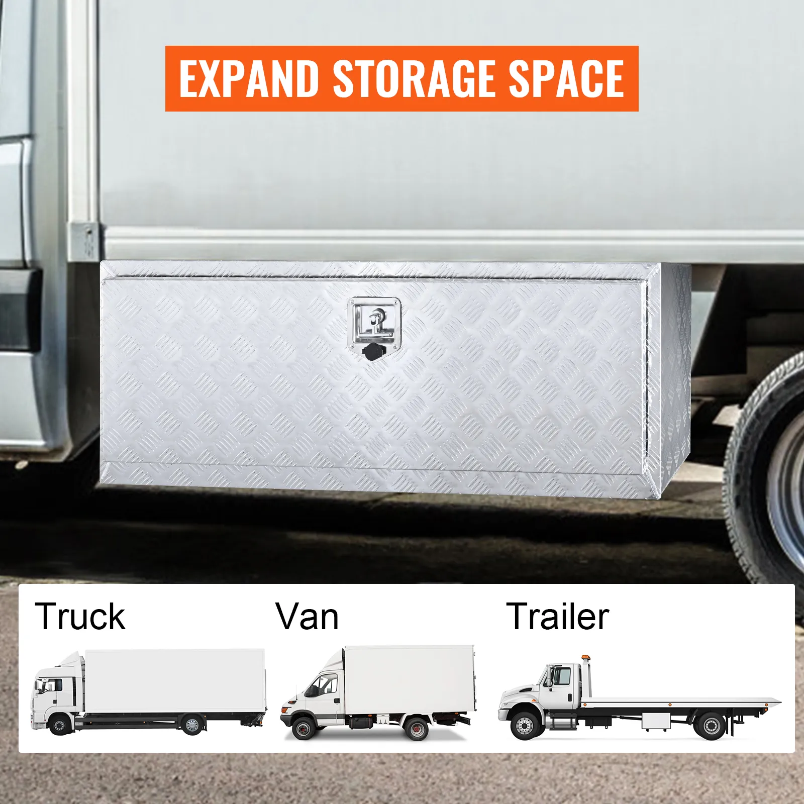 VEVOR underbody truck box for expanding storage space, suitable for truck, van, and trailer use.