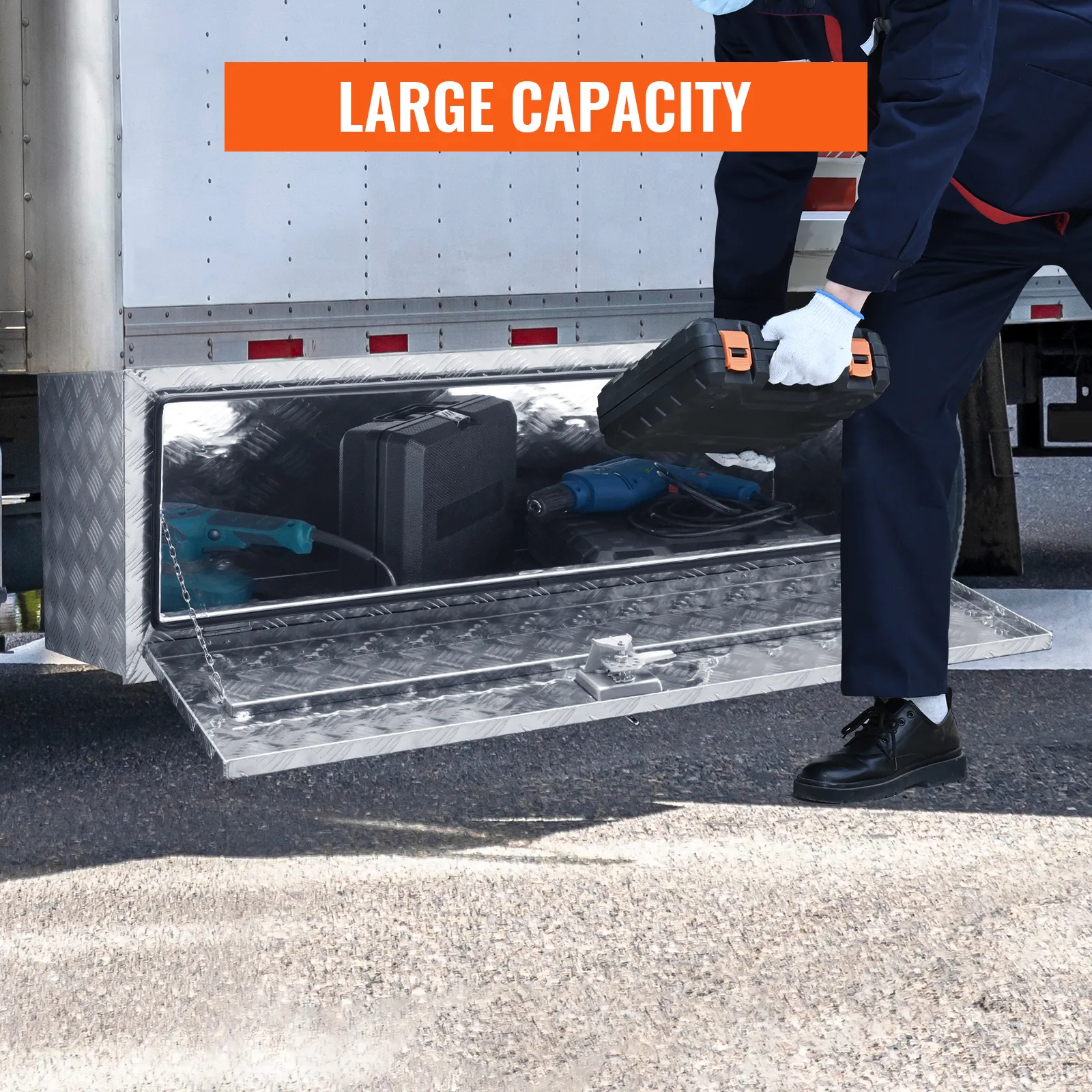 VEVOR underbody truck box showcasing large capacity and tool storage.