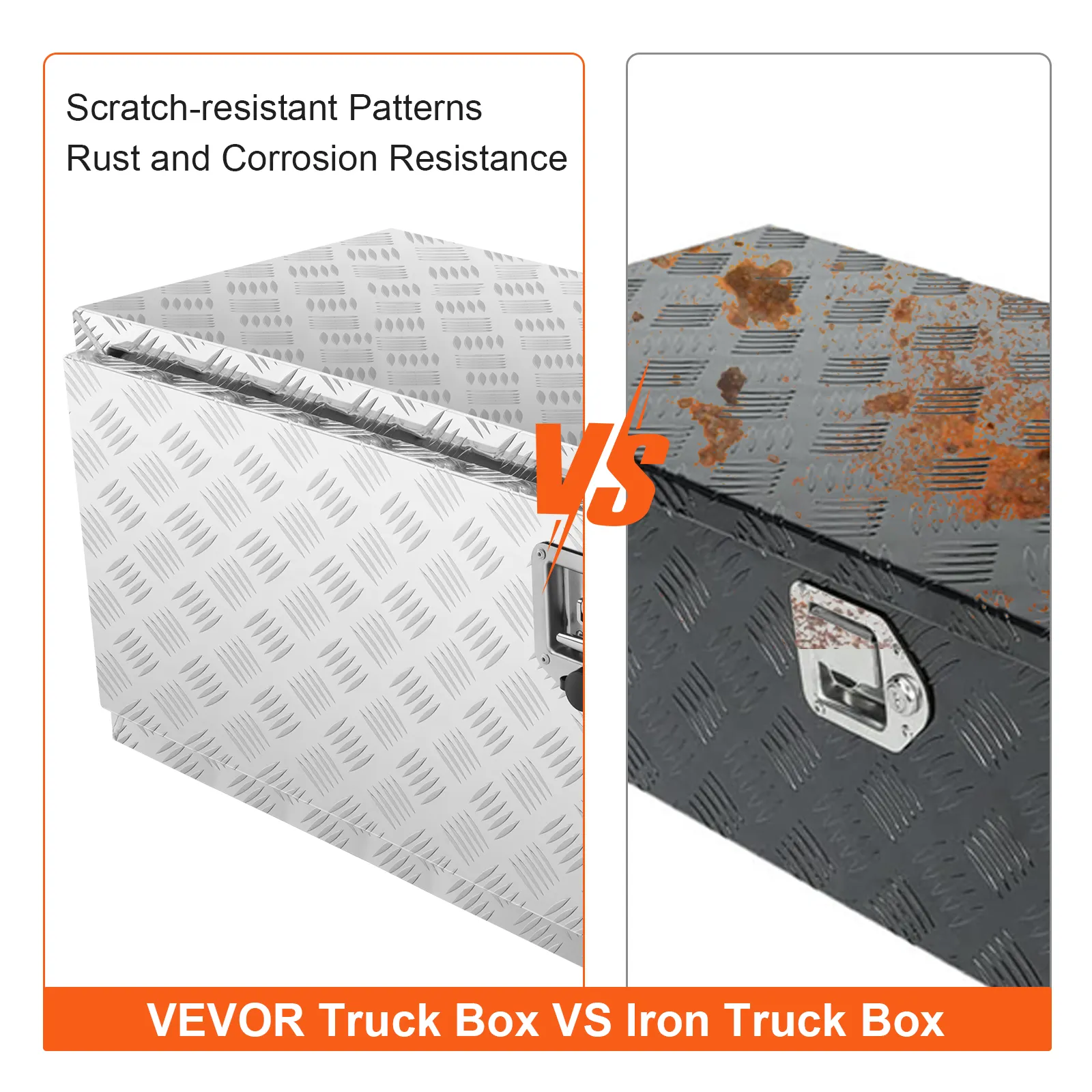 VEVOR underbody truck box vs iron truck box comparison, highlighting rust and corrosion resistance.