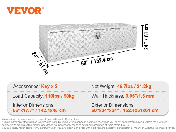 Caja para camión debajo de la carrocería VEVOR, 60" x 24" x 24", capacidad de carga de 110 lb y especificaciones enumeradas.