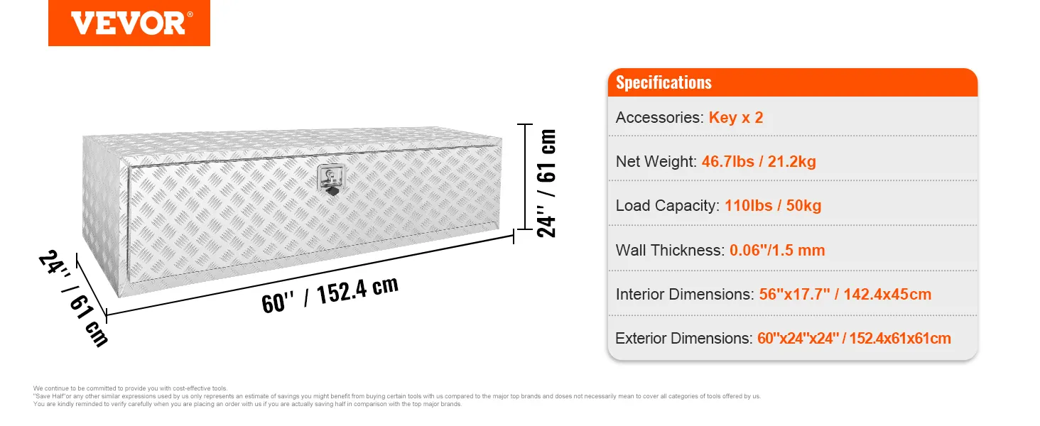 Caja para camión debajo de la carrocería VEVOR, 60" x 24" x 24", capacidad de carga de 110 lb y especificaciones enumeradas.