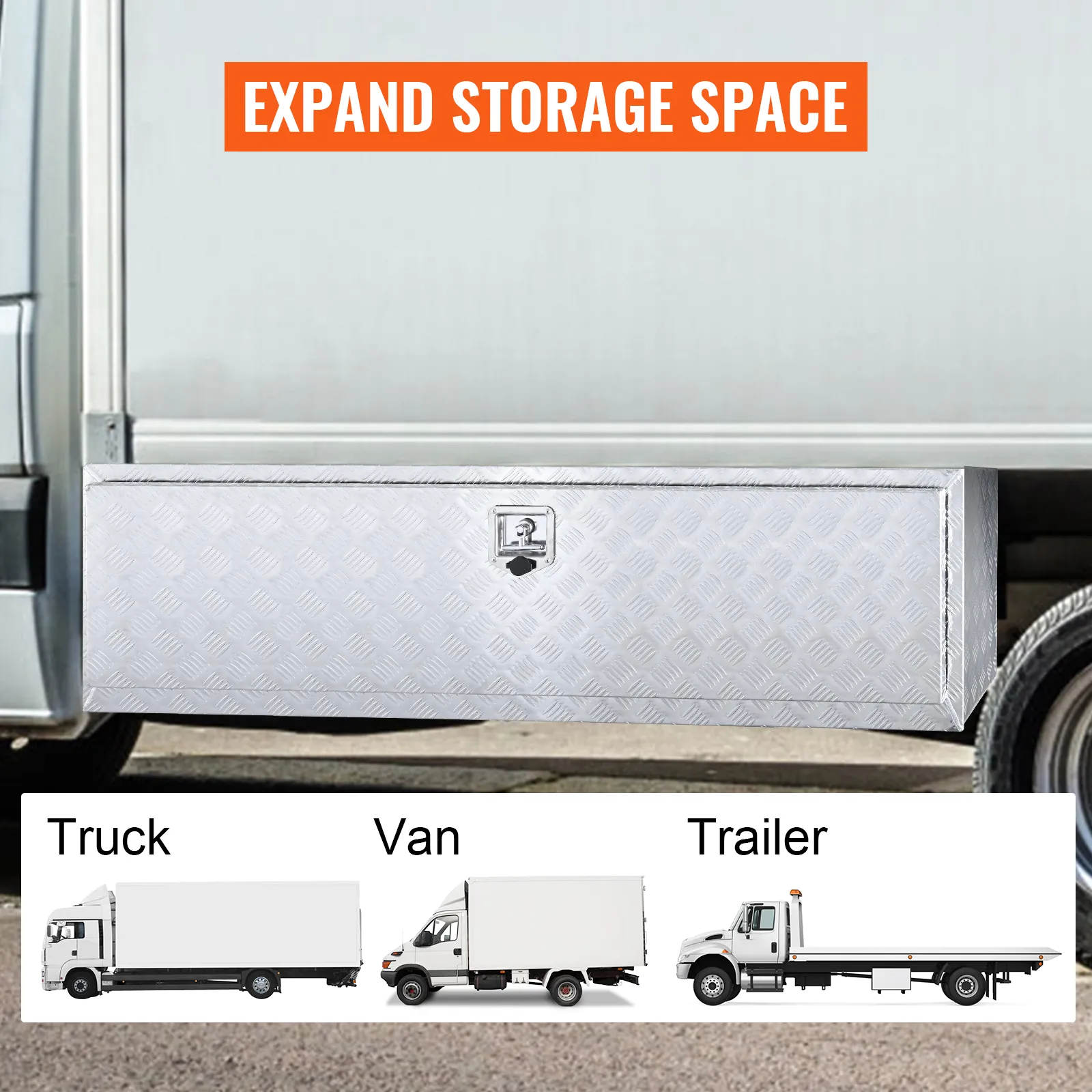 Caja para debajo de la carrocería del camión VEVOR acoplada a un camión, camioneta y remolque, resaltando el espacio de almacenamiento ampliado.