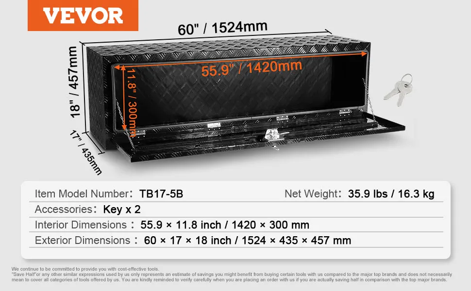 VEVOR Underbody Truck Box, 60" x 17" x 18" Pickup Storage Box, Heavy Duty Aluminum Diamond Plate Tool Box with Lock and Keys, Waterproof Trailer Storage Box with T-Handle Latch for Truck, Van, Trailer