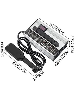 Cargador de batería para carrito de golf VEVOR con dimensiones y conexión de cable.