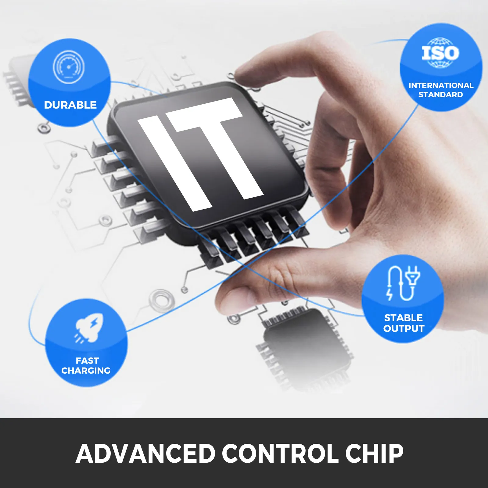 Chip de control avanzado que ilustra las características del cargador de batería del carrito de golf VEVOR.