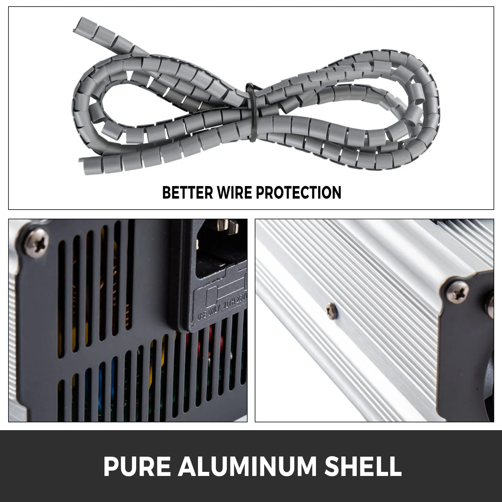 Cargador de batería para carrito de golf VEVOR con protección de cables y carcasa de aluminio.