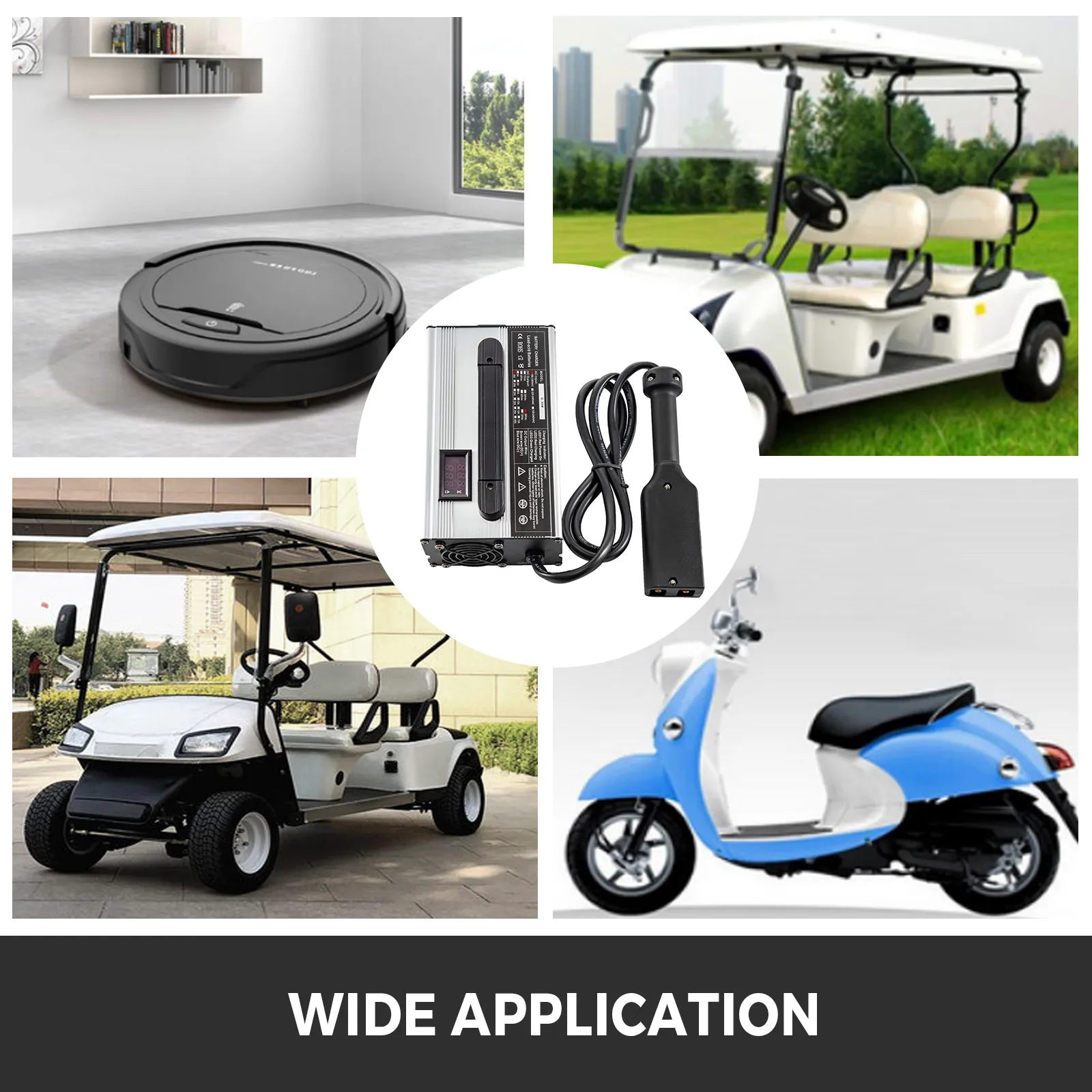 Cargador de batería para carrito de golf VEVOR utilizado para scooters, carritos de golf y aspiradoras robóticas.