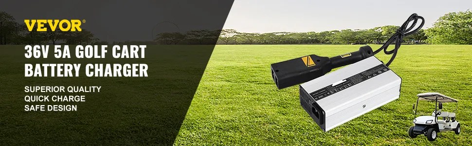 Cargador de batería de carrito de golf VEVOR en un campo verde con un carrito de golf en la esquina.